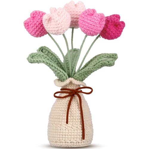 Marsui Crochet Knitting Tulip Bouquet with Vase 7 Knitted Artificial Forever Tulip Handmade Woven Flower with Exquisite Pot Gift for Fathers Gifts Back to School Gift Family Home Desk Decor(Pink)
