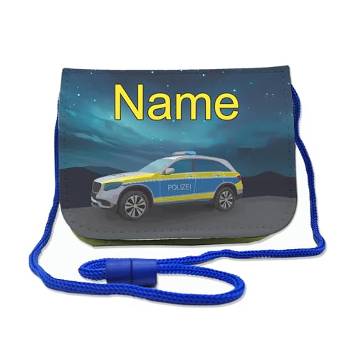 Kinder Brustbeutel mit Name und Schriftartwahl | Klettverschluss mit Schnur zum Umhängen und Klarsichtfach | Geldbeutel personalisiert | 3 Farben (Polizei)