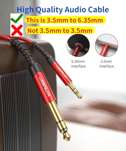 Image of JSAUX 3.5mm to 6.35mm Stereo Audio Cable(3.9FT), 6.35mm 1 /4 inch Male to 3.5mm 1 /8 inch Male TRS Bidirectional Stereo Audio Cable Jack for Guitar, iPod, Laptop, Home Theater Devices, Speaker, Red