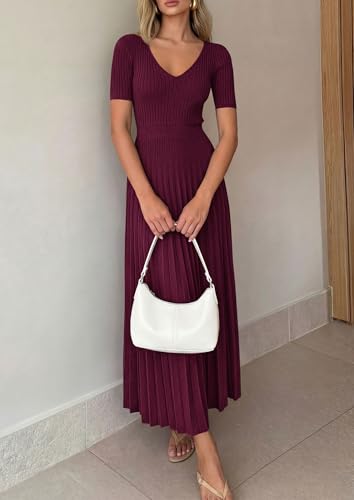 PRETTYGARDEN Women's 2026 Spring Midi Sweater Dresses Elegant Pleated Ribbed Knit Short Sleeve V Neck A Line Summer Outfits (Burgundy,Small) - image 7