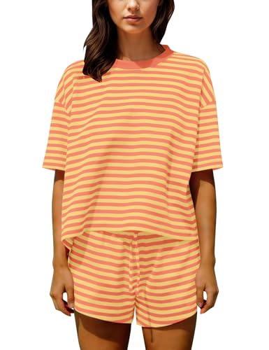 Image of Ythomm Striped Pajamas Shorts Sets Women 2 Piece Lounge Outfits Short Sleeve Tees Drawstring Shorts Summer Matching Pj Sets
