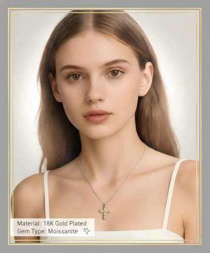 Image of URTHEONE Moissanite Cross Necklace for Women, 925 Sterling Silver 14KGold Plated Necklaces with Sparkling Moissanite Pendant, Faith Women's Jewelry, Trendy Gift for Women Mom Friend