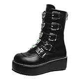 oiangi Chunky Platform Boots for Women Punk Belt Buckle Back Zipper Round Toe Wedge Mid Calf Boots Heart Studded Casual Comfort Outdoor Ladies Shoes