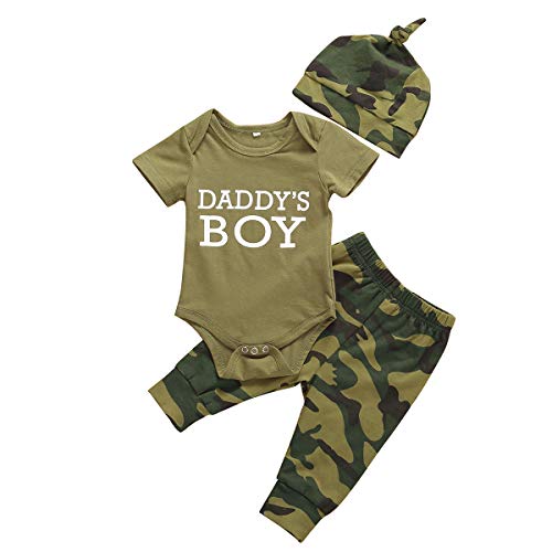 3Pcs Newborn Baby Girls Boys Clothes Letter Print Short Sleeve Romper Tops+Camouflage Long Pants+Hat Outfits Set (3-6 Months,Daddy´s BOY 3Pcs Army Green Romper)