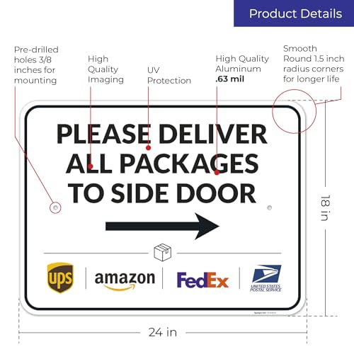 Image of Package Delivery Sign, Delivery Instructions Deliver All Package to Side Door Right Arrow Sign, 18x24 Inches, Rust Free .063 Aluminum, Fade Resistant, Made in USA by Sigo Signs