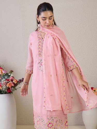 Image of INDO ERA Women's Straight Organza Floral Embroidered Kurta & Pant with Dupatta Set (IESTR9806)