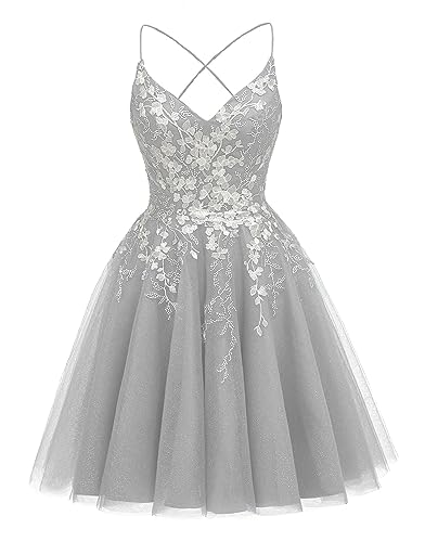V Neck Spaghetti Straps Homecoming Dresses for Teens Lace Applique Tulle Prom Gown
