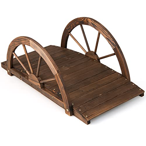 GiantexUK Wooden Garden Bridge, Decorative Arc Footbridge with Half Wheeled Railings, Outdoor Bridge...