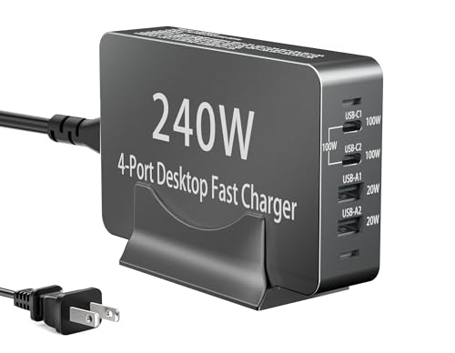 240W USB C Charger Block 4 Port USB Fast Charging Station 100W Laptop Power Adapter for MacBook Laptop Tablet iPad iPhone Cell Phone Multiple Devices Charging Station Type C Charger