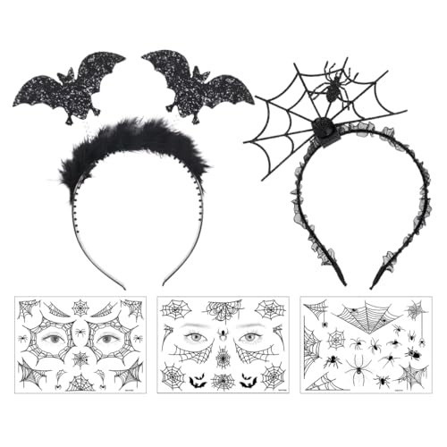 Cerchietto Halloween da Pipistrello e Ragnatela, Tatuaggi Temporanei, Fascia e Accessori per Carnevale, Maschera, Cosplay e Feste