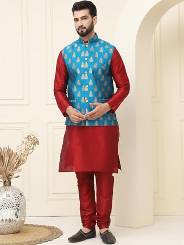 Image of SOJANYA (Since 1958 Men's Silk Blend Kurta Pyjama With Self Design Nehru Jacket