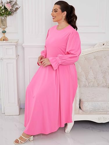 Image of Baczoe Plus Size Long Sleeve Church Dress for Curvy Women | Maxi Length, Elegant Formal Style, Flowy A-Line Shape, Two Side Pockets
