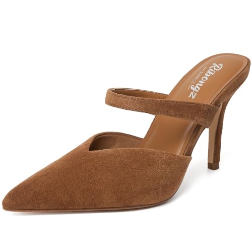 RIBONGZ Brown Slip On Stiletto High Heels for Women Closed Pointed Toe Mule Kitten Herls with Suede Strap Sexy Backless Dress Wedding Party Daily Prom Pump Shoes Size 8