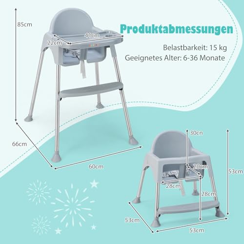 COSTWAY 4 in 1 Babyhochstuhl aus PP & Edelstahl, Hochstuhl umwandelbar mit abnehmbarem Doppeltablett, 3-Punkt-Sicherheitsgurt, Babystuhl Kombihochstuhl für 6-36 Monaten Baby (Grau)