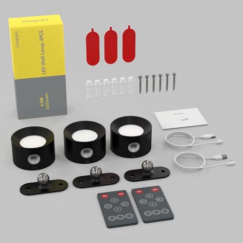 Image of Koopala 3PACK Rechargeable LED Wall Sconce, Cordless Battery with Remote Powered Wall Sconce, 3 Brightness Levels, 360 Swivel Magnetic Shade for Bedrooms, Hallways, Den and Reading Spaces（Black）