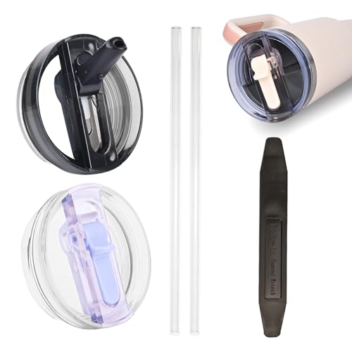 2PCS Lid for Stanley Protour, 40oz Tumbler Detachable Flip Straw Lid for Stanley Cup, Compatible with Stanley (Black * Light purple)