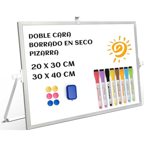 QUEENLINK Pizarra Blanca Magnética con Soporte, 30 x 40 cm, Mini Pizarra Blanca A3 con Soporte, Pizarra Magnética de Doble Cara, Pequeña para Niños, Estudiantes, Hogar, con Clip para Bolígrafo,
