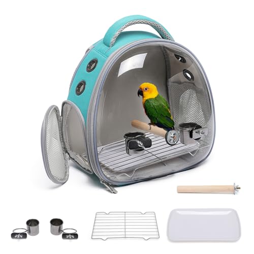 Bird Carrier Cage, Pet Travel Carrier Backpack with Standing Perch,Parrot Cockatiel Carrier Bag, Food Bowl for Lovebirds Conures Parakeet Budgie Canary & Small Animal(Green+Accessories)