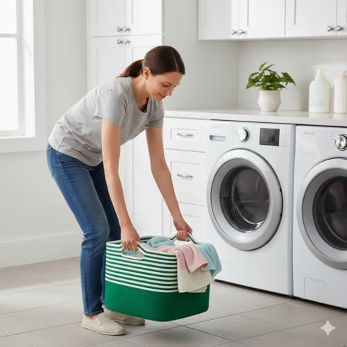 Image of Large Storage Basket, Woven Blanket Basket, Toy Basket with Handle, Laundry Hamper for Living Room, Nursery, Bedroom- 20x15x12 (LXWXH) (green mix)