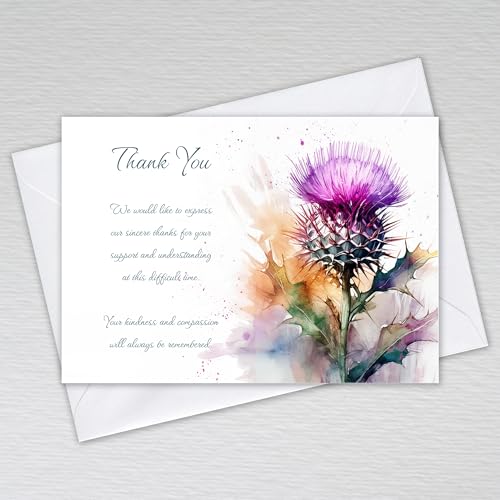 Webspectations Funeral Thank you cards with thoughtful wording thanking for support and sympathy at this difficult time: Scottish Thistle Funeral Thank You Card Pack (Pack of 20 without Envelopes)