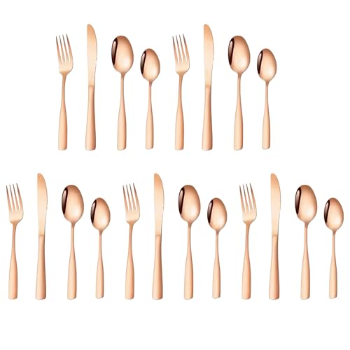Image of aDai Rosegold Silverware Set, Satin Finish | 20-Piece Stainless Steel Flatware Set | Dishwasher Safe Kitchen Cutlery for Home, Restaurant & Gifting