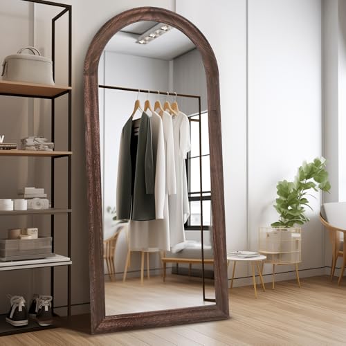 Image of 71x32 Solid Wood Arched Full Length Mirror, Elegant Brown Finish