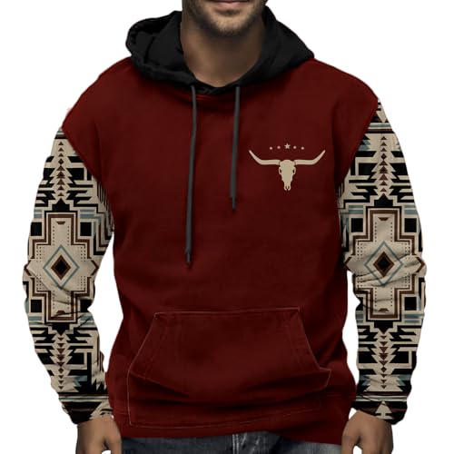 ZOCANIA Mens Aztec Hoodie Western Cowboy Sweatshirt Country Oversized Bull Head Long Sleeve Drawstring Pullover with Pocket