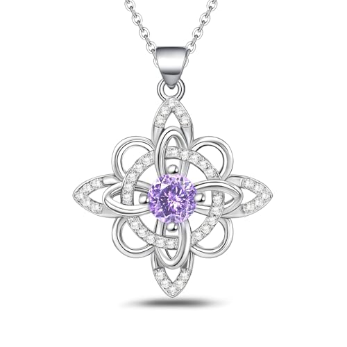925 Sterling Silver Celtic Knot Necklaces for Women Purple Cubic Zirconia Witches Knot Birthstone Necklace Wicca Irish Jewelry Nudo de Bruja Birthday Gifts for Wife Girlfriend Mom