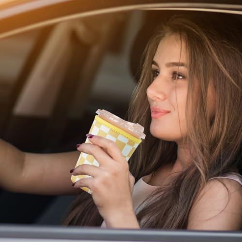 Image of Reusable Insulated Neoprene Iced Coffee Cup Sleeve, Durable Drink Sleeve for Cold Beverages, Beverage Holder for Iced Coffee (Yellow Checkers)