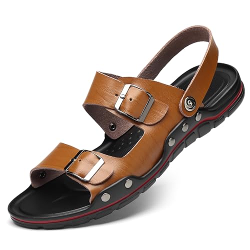 Men's Leather Buckle Flat Sandals with Adjustable Dual-Purpose Strap Fashion Studded Breathable Open Toe Soft Sole Slip-On Slides Summer Daily Anti-Slip Beach Sandals