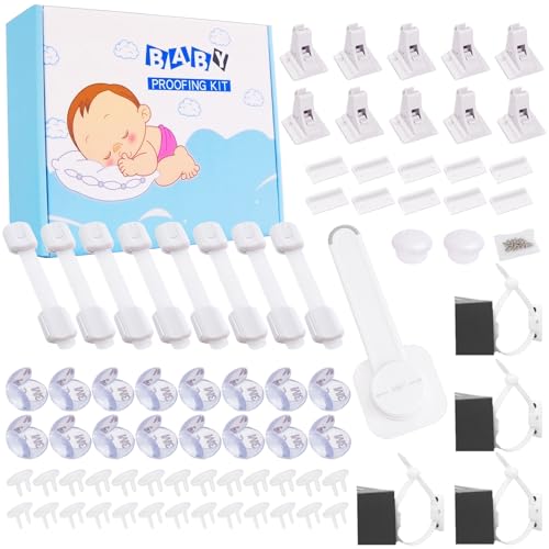 Image of 67 Packs Baby Proofing Kit including 10 Cabinet Locks & 2 Keys, 8 Adjustable Safety Latches, 26 Outlet Covers, 16 Baby Proof Corners, 4 Anti Tip Furniture Anchors Kit and 1 Toilet Seat Lock.