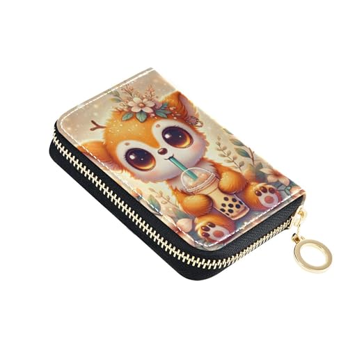 GAIGEO Cute Card Holder Wallets RFID Blocking Wallets for Women Leather Zip Around Zipper Change Purse with Key Ring Cute Fox Yellow Animal