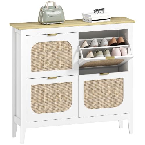 HOMCOM Zapatero Estrecho con 4 Puertas de Ratán 105x24x95,5 cm Blanco