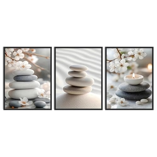 Dazzlewall 3 Pièces Set Décoration Murale Zen Japonais, Tableau Pierre D'Équilibre & Cerisier En Fleur Pour Yoga Spa Salon 30x40 Cm Sans Cadre