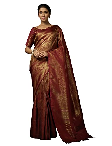Image of Vardha Women's Kanchipuram Art Silk Saree with Unstitched Blouse Piece - Zari Woven Work Sarees for Wedding