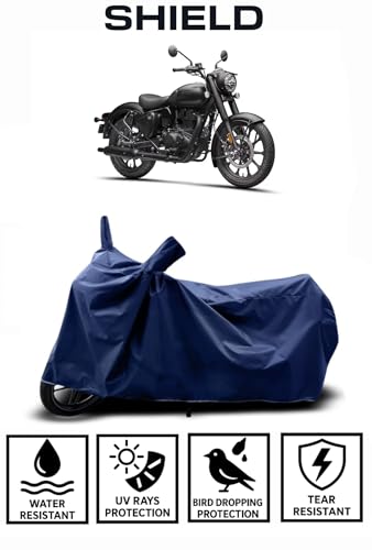Image of Shield Heavy Duty Bike Cover for Royal Enfield Classic 350 | All-Season, Tear-Proof Fabric | with Side Mirror Pocket & Buckle Belt | Royal Enfield Classic 350 Bike Cover (Blue)