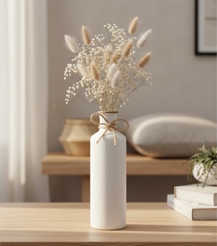 Image of PUREZENTO White Vintage Roman Bottle Vase - 9.8 Inch (Pack of 1) | Decorative Bottle Shape Vase with Twine Bow for Rustic, Farmhouse & Home Decor | Vases for Living Room, Dining Table & Office Styling