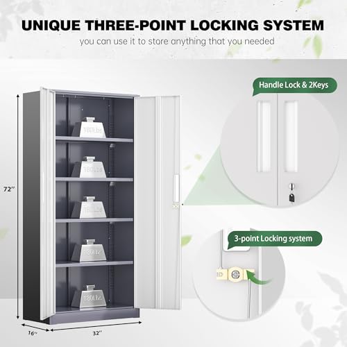 Image of Greenvelly Metal Garage Storage Cabinet, Tall Locking Storage Cabinet with 2 Doors and 4 Adjustable Shelves, Steel Tool Cabinet, Lockable Filling Cabinet for Home, Office, Garage, School (Gray White)