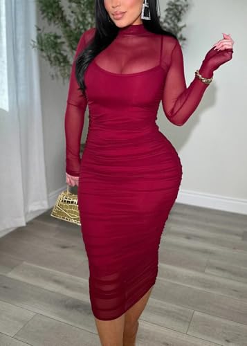 Image of MOEENCN Sexy Long Sleeve Midi Dress for Women Sheer Mesh Printed 2 Piece Skirt Set Crew Neck See Through Bodycon Party