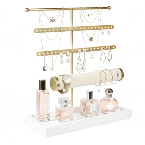 Novaridor Organizador de Joyas Dorado con 4 Niveles - Jewelry Organizer, Colgador de Collares Desmontable en Forma de T, Expositor Para Pulseras, Collares, Relojes y Anillos