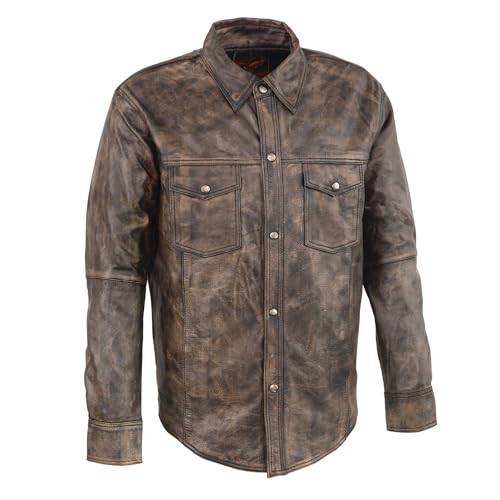 Men's Distressed Brown Snap Front Leather Shirt (3X - Big)