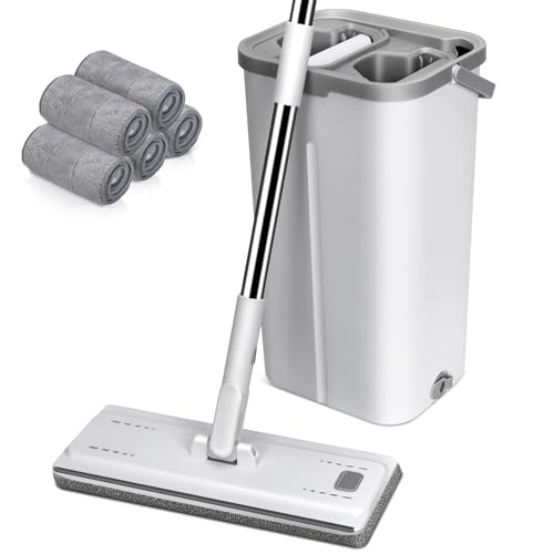 MASTERTOP Wischmopp Set mit Eimer, Flachmopp Bodenwischer mit 5 Mopp Pads und Langem Griff, 2 in 1...