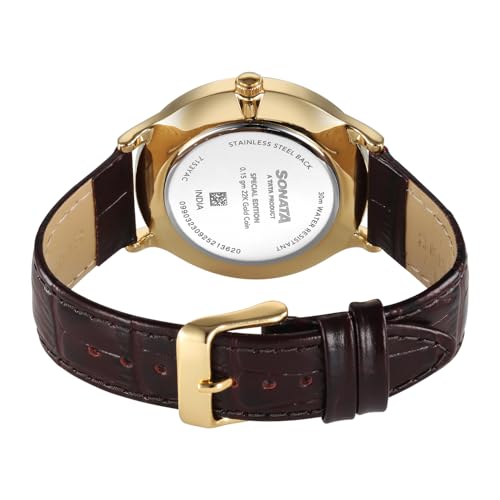 Image of Sonata Gold with Quartz Analog Regal Maroon Dial with 0.15 Gm 22 Karat Tanishq Gold Coin On Dial Brown Leather Strap Watch for Men - 7153YL03