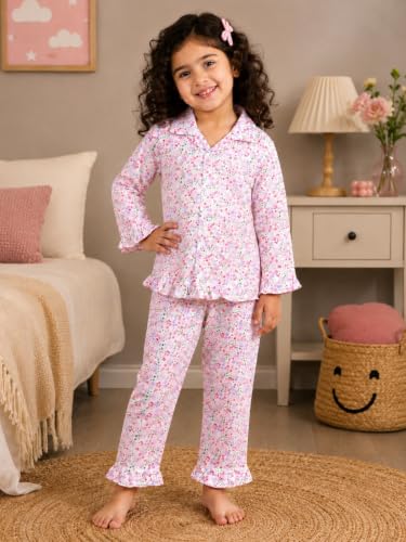 Image of superminis Hosiery Cotton Night Suit with Frill - Full Sleeves, Collared Neck, Sleep Wear for Girls, Kids