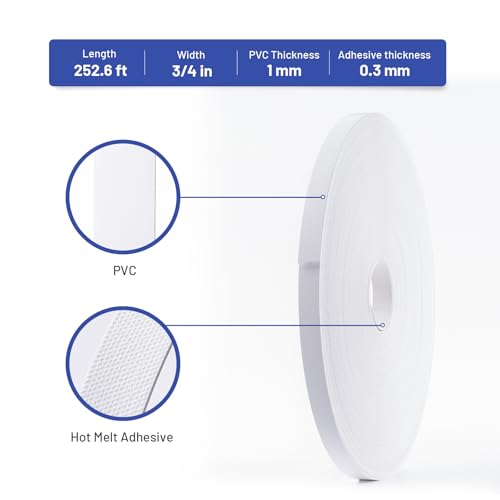 Image of PVC Edge Banding 3 /4 inch x 250 ft Veneer Edge Banding White with Hot Melt Adhesive Pre - glued Iron on Edging Tape Trim for Cabinet Plywood Repairs and Furniture Restoration