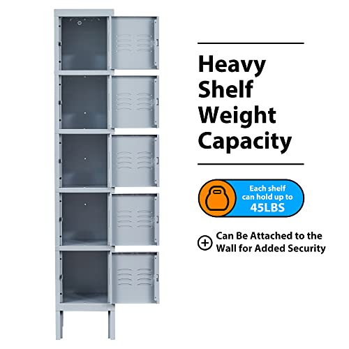 Image of Metal Locker with 5 Doors, 5 Tier Steel Storage Lockers for School, Home, Office, Gym (Grey)