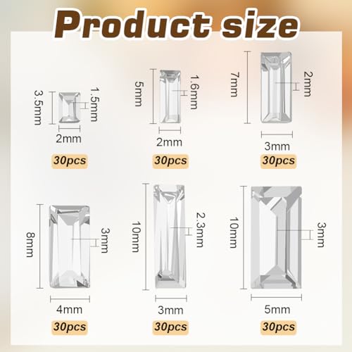FINGERINSPIRE 180pcs Mini Clear Pointed Back Rhinestone 6 Sizes Rectangle Faceted Glass Rhinestone Clear No Hole Gems Crystal Jewelry Embellishments with Silver Plated Back for DIY - Image 2