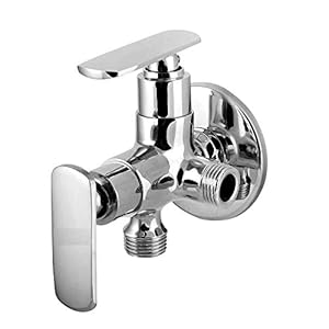 JAGGER BAT FULL BRASS Quarter turn Two Way Angle Cock Chrome Plated Twin one valve for washing machine Water Tap for Modular 2 in 1 angle valve for Kitchen & Bathroom with FREE TEFLON TAPE AND FLANGE