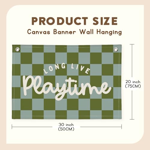 Image of Playroom Decor Long Live Playtime Banner, Green And Blue Checkered Pattern Banner Linen Hanging Banner Flag for Nursery Toddler Room, Boys Girls Kids Room Decor,Classroom Decorations 30x20