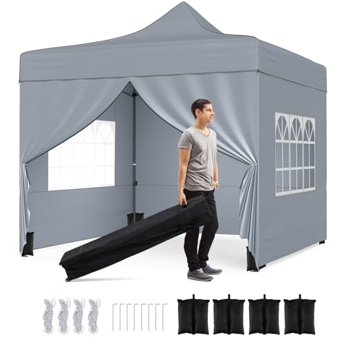 Image of Tangkula 10x10 FT Pop Up Canopy, Outdoor Tent with 4 Removable Sidewalls, Carbon Steel Frame, 4 Sandbags, 8 Stake & 4 Ropes, Wheeled Bag, Portable Canopy Tent for Party Event Camping (Gray)